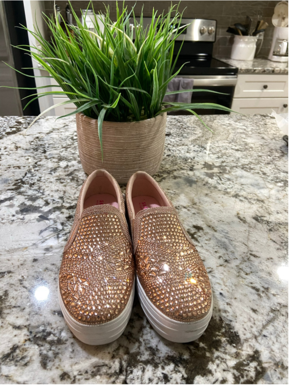 Skechers, pink and gold slip on, size 6, new with tags